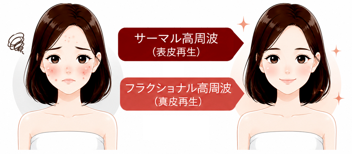 サーマル高周波とフラクショナル高周波で毛穴・ニキビ跡・肌質改善へ導くイラスト